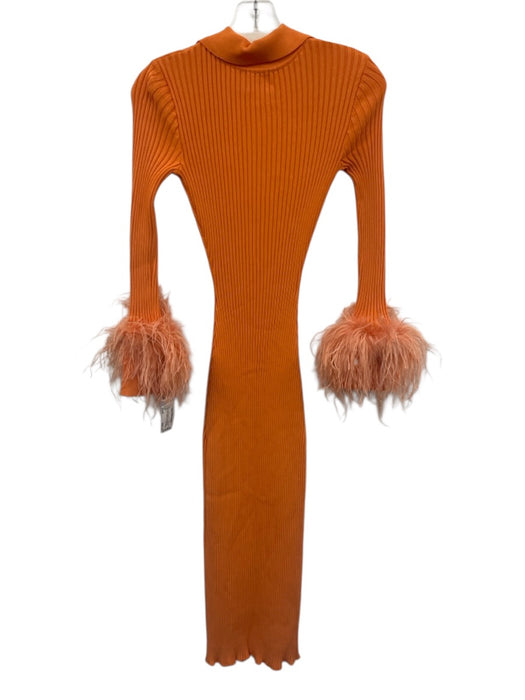 Fumi Size Small Orange Viscose Blend Long Sleeve Feather Trim Button Front Dress Orange / Small