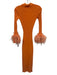 Fumi Size Small Orange Viscose Blend Long Sleeve Feather Trim Button Front Dress Orange / Small