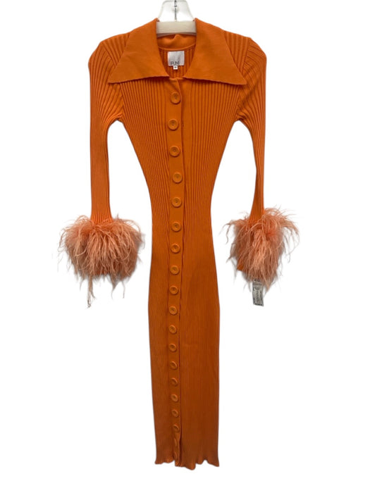 Fumi Size Small Orange Viscose Blend Long Sleeve Feather Trim Button Front Dress Orange / Small