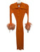 Fumi Size Small Orange Viscose Blend Long Sleeve Feather Trim Button Front Dress Orange / Small