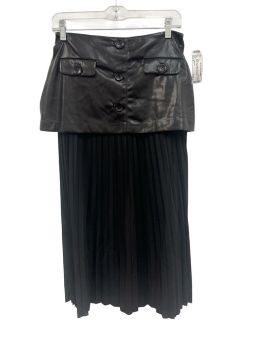 Le Superbe Size 8 Black Faux Leather Mixed Fabric Button Detail Pleated Skirt Black / 8