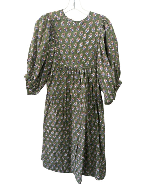 Saule Parc Size L Green, Blue, Brown Cotton Block Printed Flowers Dress Green, Blue, Brown / L