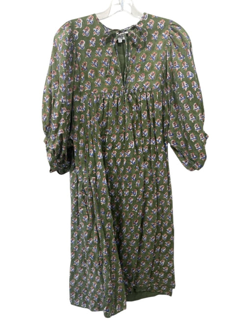 Saule Parc Size L Green, Blue, Brown Cotton Block Printed Flowers Dress Green, Blue, Brown / L