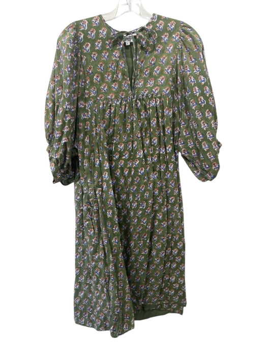 Saule Parc Size L Green, Blue, Brown Cotton Block Printed Flowers Dress Green, Blue, Brown / L