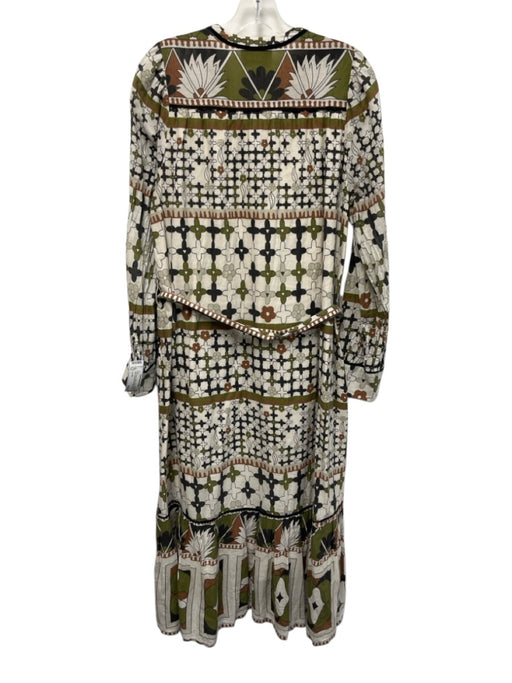 Cleobella Size L Green, Brown, White Cotton Long puff sleeve Buttons Maxi Dress Green, Brown, White / L