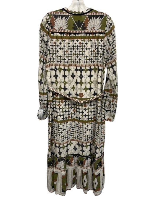 Cleobella Size L Green, Brown, White Cotton Long puff sleeve Buttons Maxi Dress Green, Brown, White / L