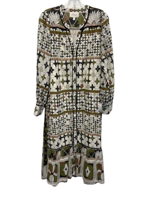 Cleobella Size L Green, Brown, White Cotton Long puff sleeve Buttons Maxi Dress Green, Brown, White / L