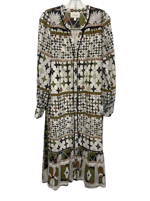 Cleobella Size L Green, Brown, White Cotton Long puff sleeve Buttons Maxi Dress Green, Brown, White / L