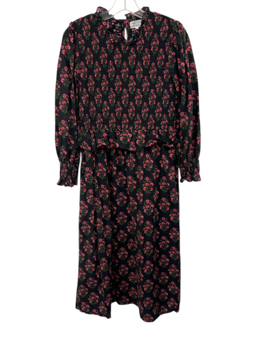 Pink City Prints Size L Black, Pink, Green Cotton Puff 3/4 Sleeve Midi Dress Black, Pink, Green / L