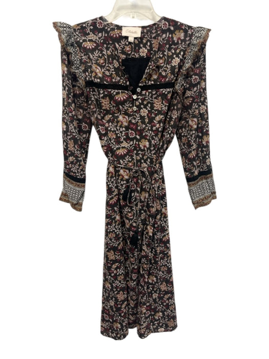 Cleobella Size M Black & Multi Cotton Long Sleeve Floral Tassels Buttons Dress Black & Multi / M