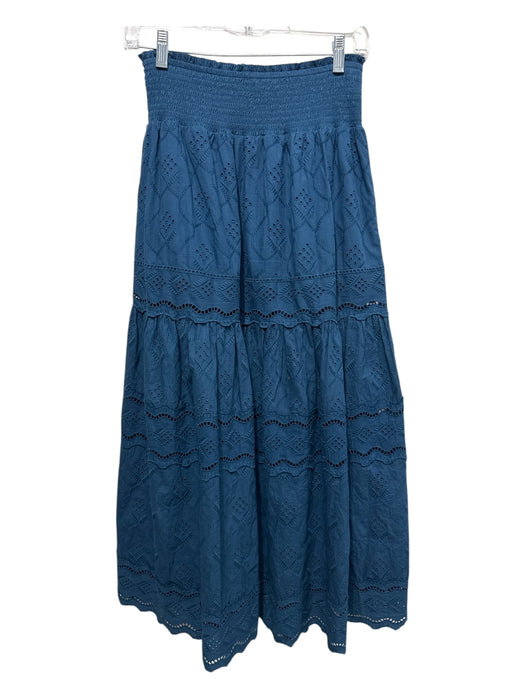 Caballero Size S Teal Blue Cotton Smocked Waist Band Eyelet Embroidered Skirt Teal Blue / S