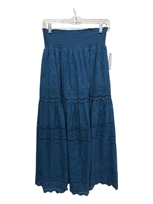 Caballero Size S Teal Blue Cotton Smocked Waist Band Eyelet Embroidered Skirt Teal Blue / S