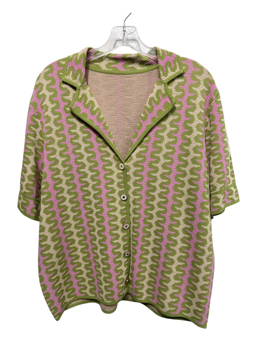 Sandro Size L Green, Pink, Cream Knit wiggle stripe Short Sleeve Button Down Top Green, Pink, Cream / L