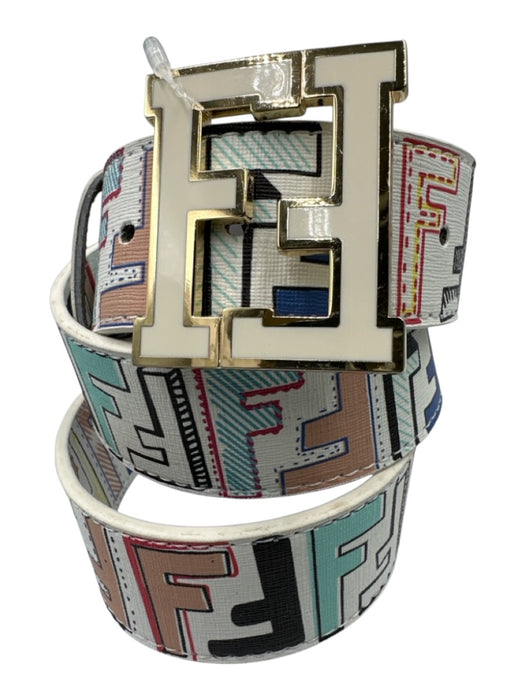 Fendi White & Multi Saffiano Leather Gold hardware Doodle Logo Belts White & Multi / L/XL