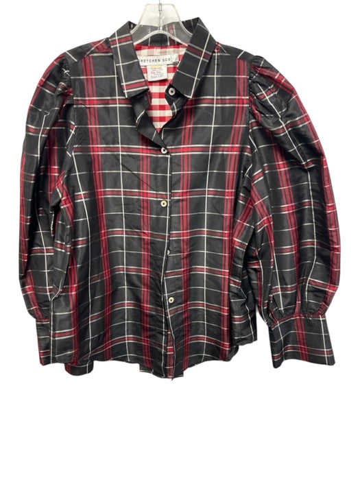 Gretchen Scott Size M Black, Red, White Silk Long puff sleeve Plaid Buttons Top Black, Red, White / M