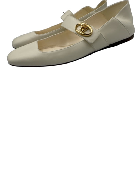 Valentino Garavani Shoe Size 41 White & Gold Leather Square Toe Logo Flats White & Gold / 41