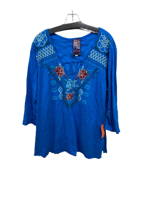 Johnny Was Los Angeles Size XL Blue & Multi Cotton V Neck Embroidered Top Blue & Multi / XL