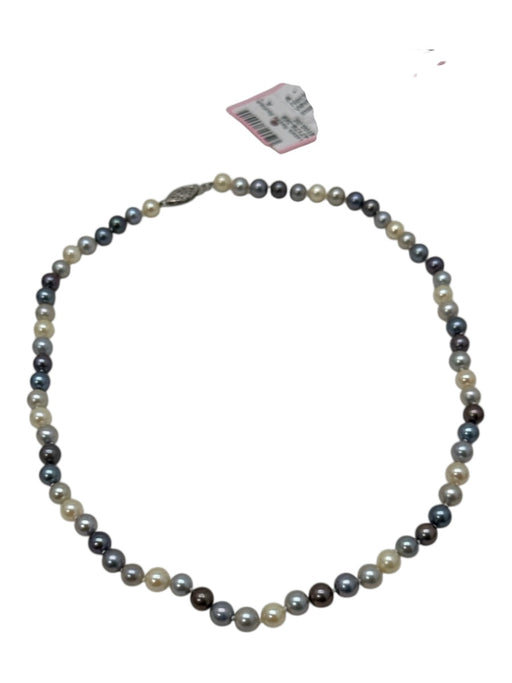 White & Blue Pearls Station Beads Insert Clasp 14k Gold Necklace White & Blue