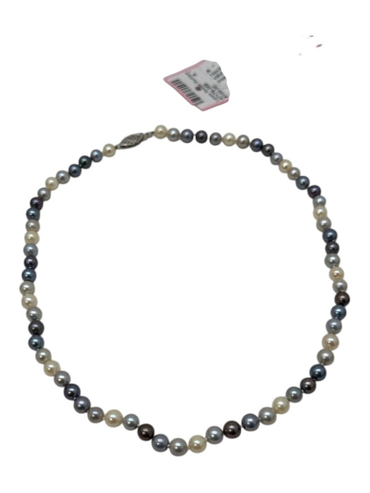 White & Blue Pearls Station Beads Insert Clasp 14k Gold Necklace White & Blue