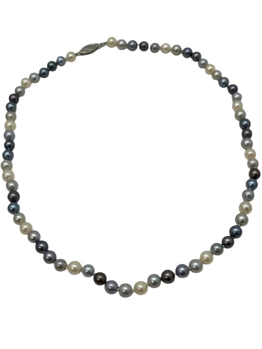 White & Blue Pearls Station Beads Insert Clasp 14k Gold Necklace White & Blue