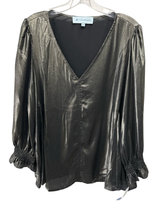 Tuckernuck Size XXL Black & Gold Polyester Shimmer V Neck Smocked Wrists Top Black & Gold / XXL