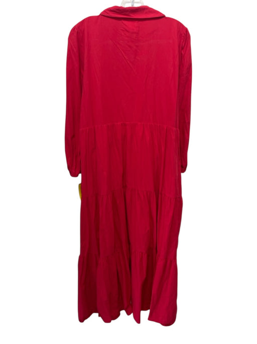 Pomander Place Size XXL Red Cotton Long puff sleeve Tiered Buttons Midi Dress Red / XXL