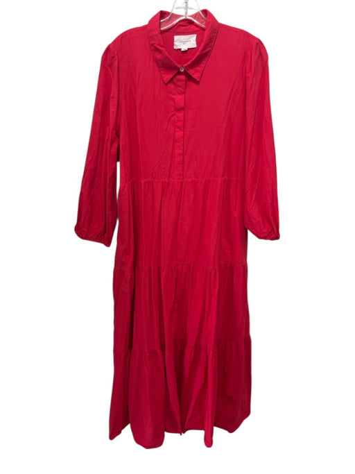 Pomander Place Size XXL Red Cotton Long puff sleeve Tiered Buttons Midi Dress Red / XXL