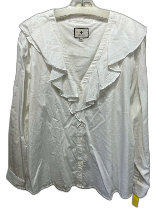 Tuckernuck Size XXXL White Cotton Long Sleeve V Neck Buttons Ruffle Collar Top White / XXXL
