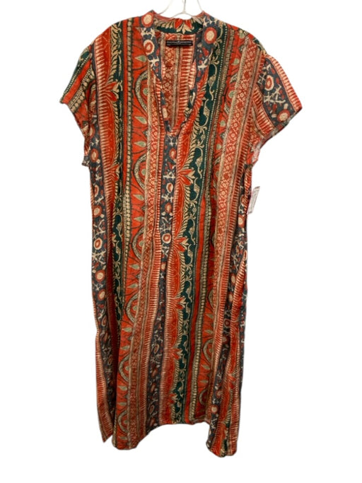 Peruvian Connection Size XXL Red, Green, Blue Linen Short Sleeve V Neck Dress Red, Green, Blue / XXL
