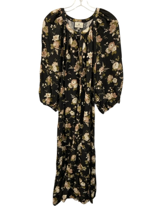 Tuckernuck Size XXL Black, Pink, Green Linen Half Puff Sleeve Floral Maxi Dress Black, Pink, Green / XXL