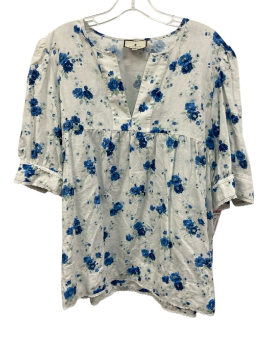 Tuckernuck Size XXL Blue, Green, White Linen Blend Short Sleeve Floral Top Blue, Green, White / XXL