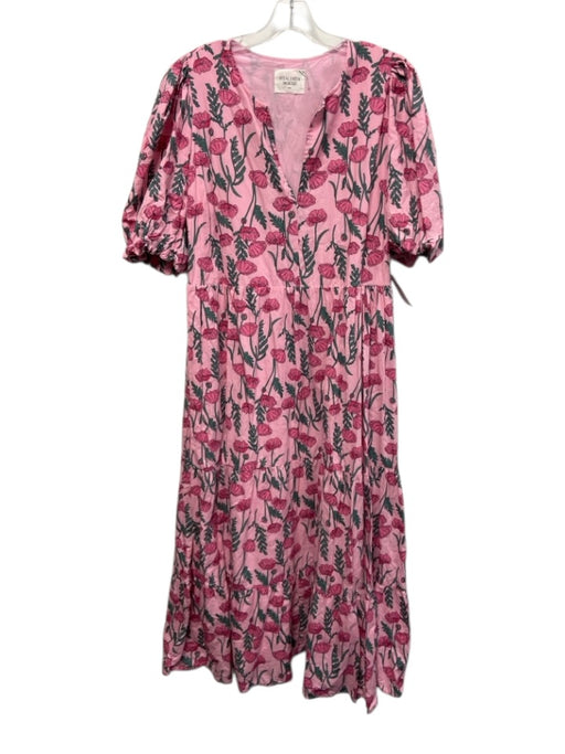 Hyacinth House Size XXL Pink & Green Cotton Short Puff Sleeve Floral Print Dress Pink & Green / XXL