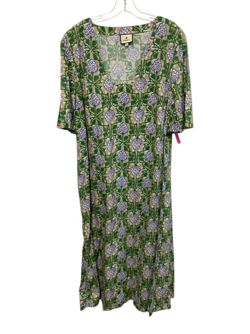 Tuckernuck Size XXL Green, Beige, Blue Cotton Short Sleeve Floral Print Dress Green, Beige, Blue / XXL