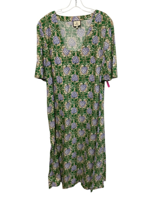 Tuckernuck Size XXL Green, Beige, Blue Cotton Short Sleeve Floral Print Dress Green, Beige, Blue / XXL
