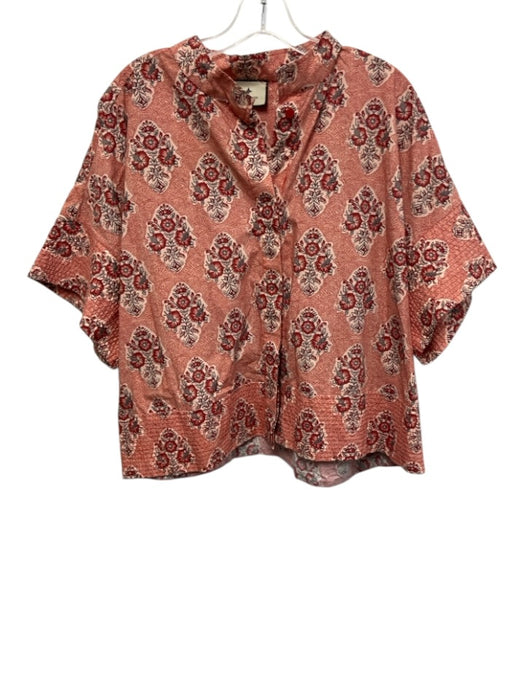Tuckernuck Size XXL Red, Pink, Black Cotton Short Sleeve Floral Print Blouse Top Red, Pink, Black / XXL