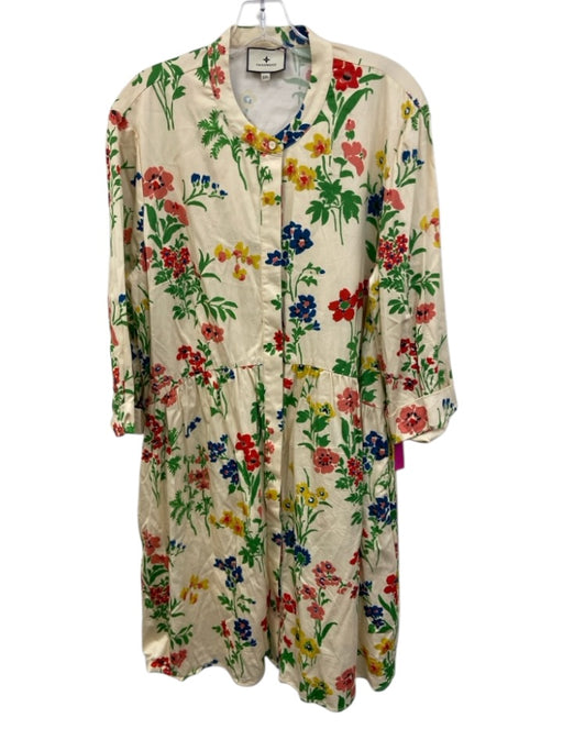 Tuckernuck Size XXL Beige, Green, Multi Cotton Blend Button Down Flowers Dress Beige, Green, Multi / XXL