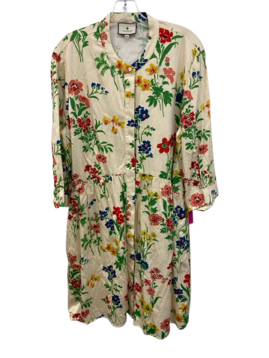 Tuckernuck Size XXL Beige, Green, Multi Cotton Blend Button Down Flowers Dress Beige, Green, Multi / XXL