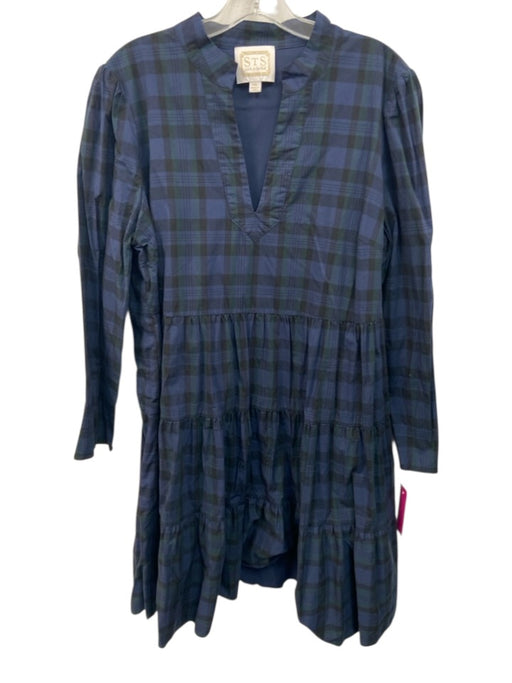 Sail To Sable Size XXL Navy blue & green Cotton Blend Split V Neck Plaid Dress Navy blue & green / XXL