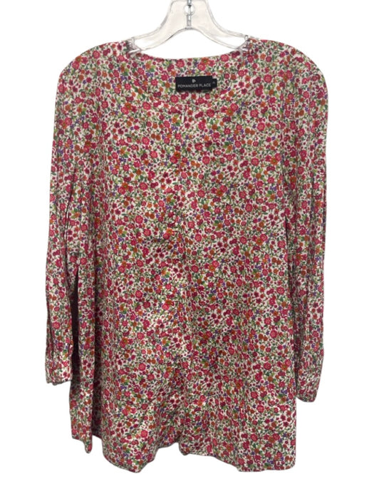 Pomander Place Size XXL White, Pink & Multi Cotton Floral 3/4 Sleeve 1/4 Zip Top White, Pink & Multi / XXL