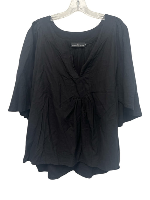 Pomander Place Size XXL Black Cotton 1/2 Sleeve V Neck Gathered Detail Top Black / XXL