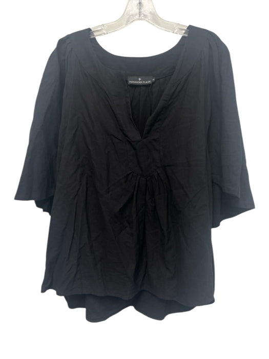 Pomander Place Size XXL Black Cotton 1/2 Sleeve V Neck Gathered Detail Top Black / XXL