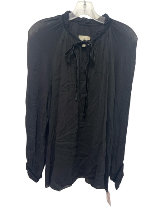 Tuckernuck Size XXL Black Viscose Long Balloon Sleeve Semi Sheer Tie V Neck Top Black / XXL