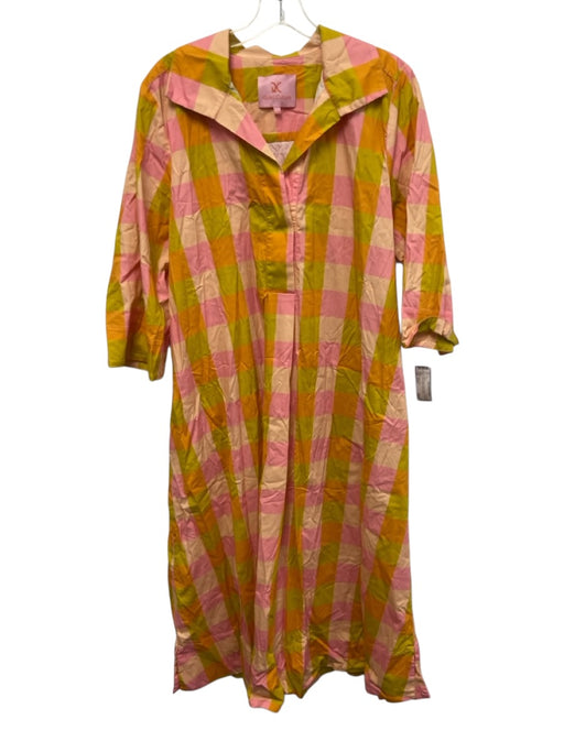 Quiet Culture Size xl/xxl Pink, Orange, Green Cotton 3/4 Sleeve Plaid Midi Dress Pink, Orange, Green / xl/xxl