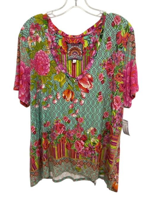 Johnny Was Size XXL Teal Green, Pink, Multi Bamboo & Spandex Short Sleeve Top Teal Green, Pink, Multi / XXL