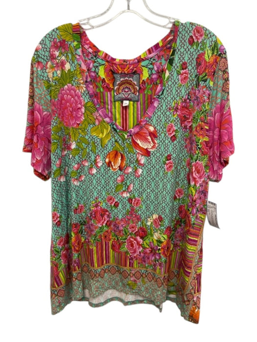 Johnny Was Size XXL Teal Green, Pink, Multi Bamboo & Spandex Short Sleeve Top Teal Green, Pink, Multi / XXL