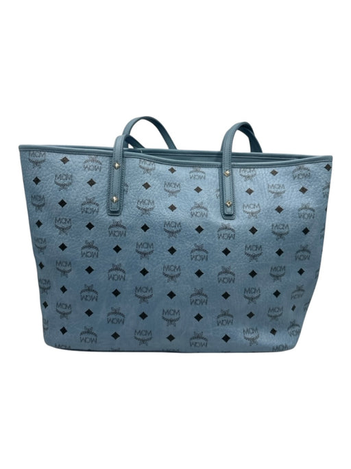 MCM Light Blue & Black Leather Top Handle Monogram Zip Close Tote Bag Light Blue & Black / Medium
