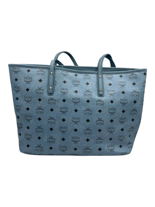 MCM Light Blue & Black Leather Top Handle Monogram Zip Close Tote Bag Light Blue & Black / Medium
