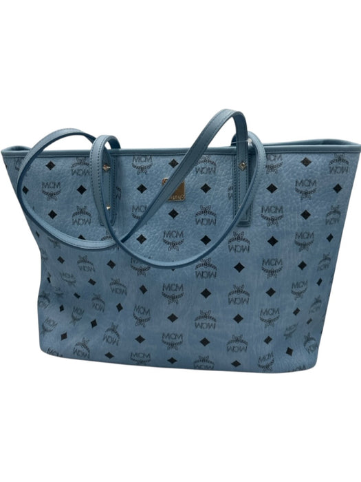 MCM Light Blue & Black Leather Top Handle Monogram Zip Close Tote Bag Light Blue & Black / Medium