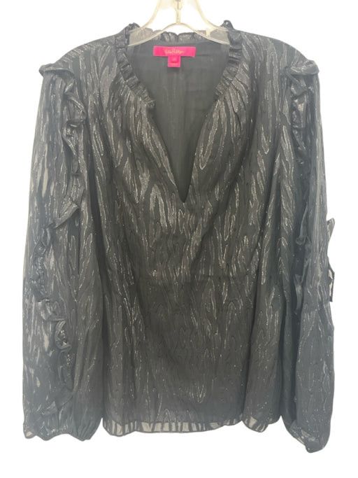 Lilly Pulitzer Size XL Black Silk Blend Long puff sleeve Animal Print Top Black / XL