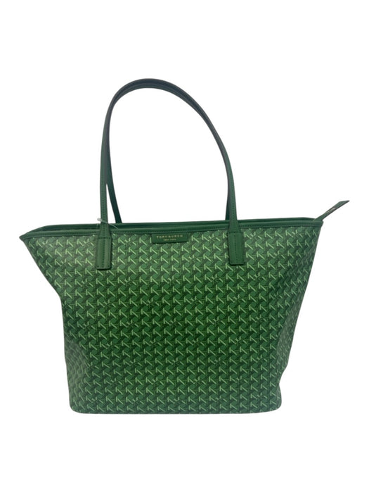 Tory Burch Green Coated Canvas Logo Lattice Open Top Tote Bag Green